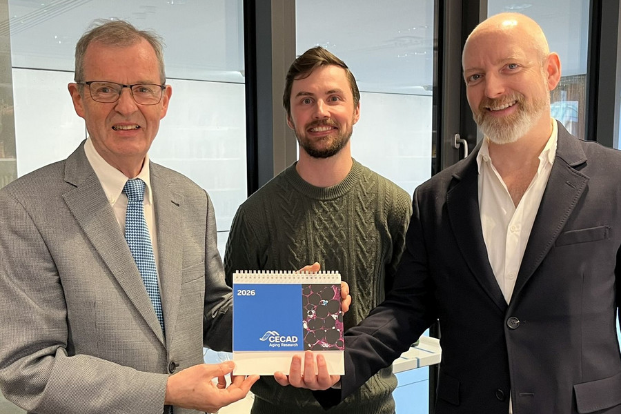 Private Donation for Young CECAD Scientist Private Donor Ulrich Korwitz, Skyler Perot and Prof. Björn Schumacher, Scientific Director of CECAD